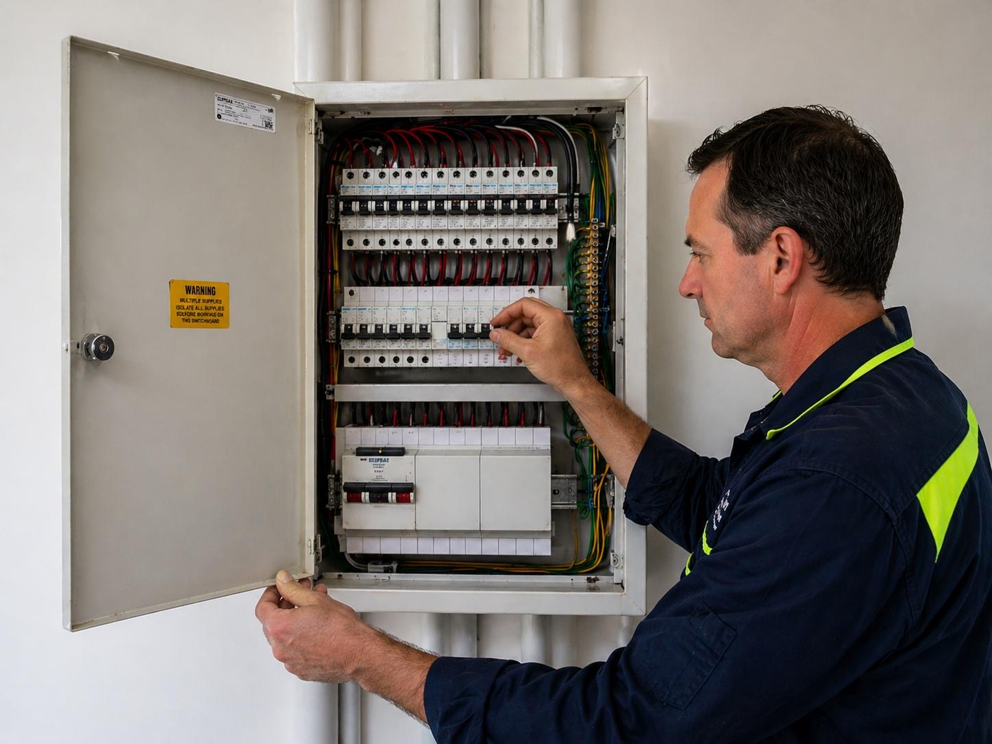 Nadi Amali, licensed master electrician, working on a modern Perth home switchboard at golden hour